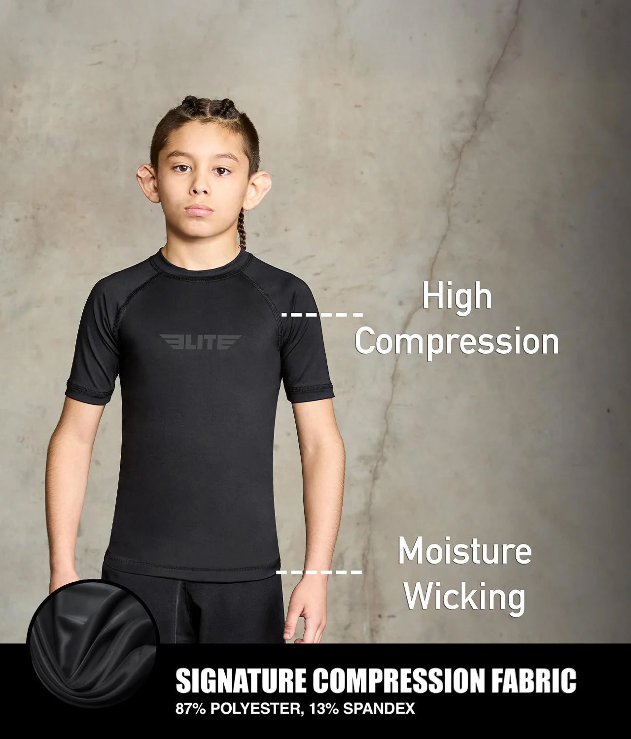 elitesports standard black short sleeve youth bjj rash guard compression fabric