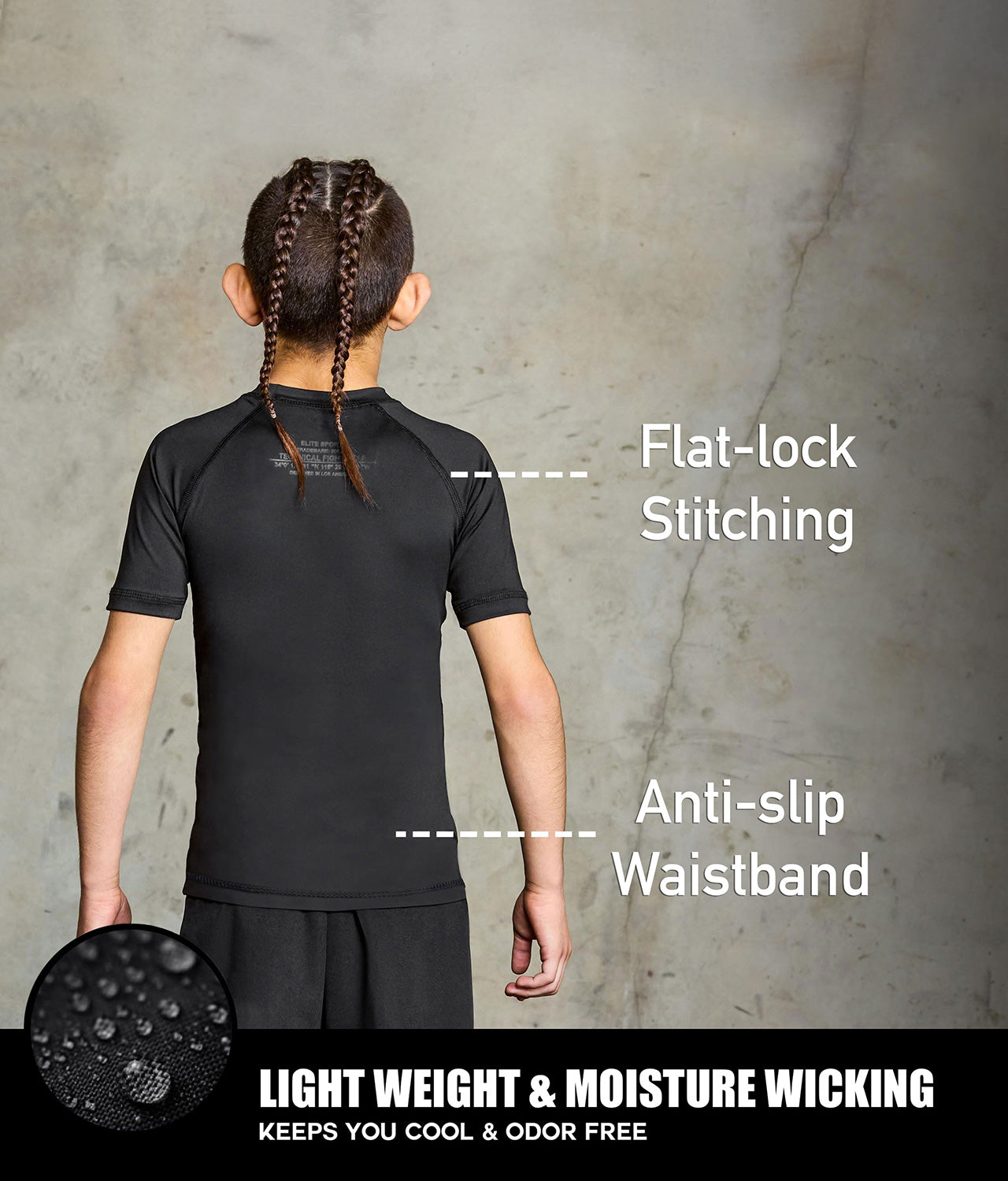 elitesports standard black short sleeve lightweight kids bjj rash guard