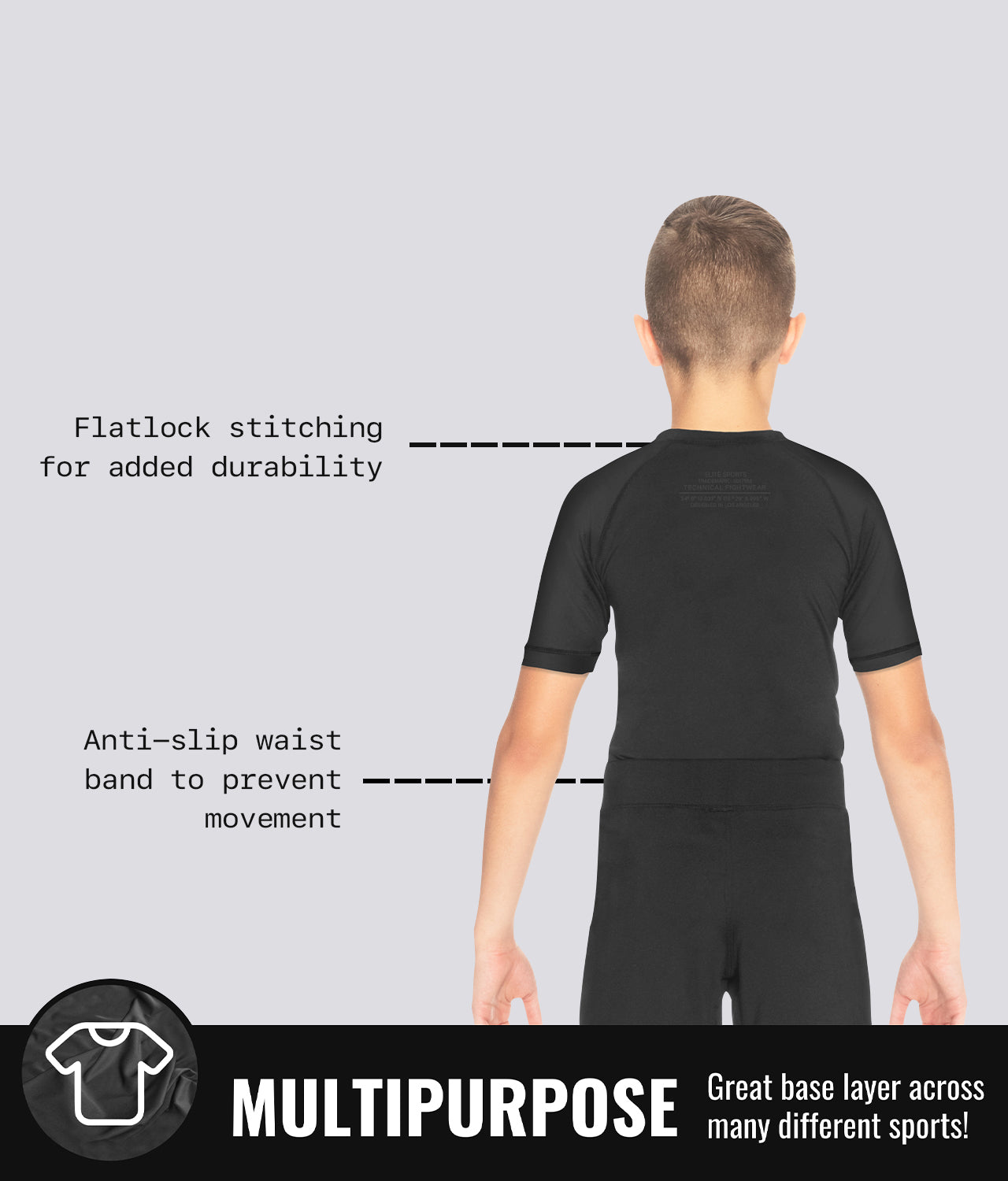 Elite Sports Kids' Standard Black Short Sleeve BJJ Rash Guard Multipurpose
