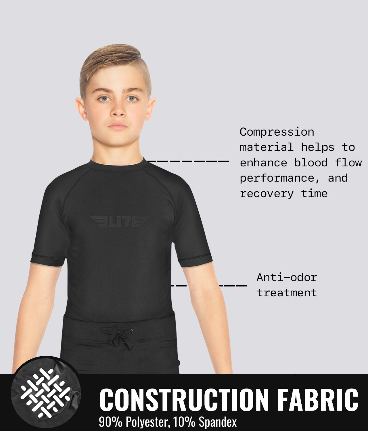 Elite Sports Kids' Standard Black Short Sleeve BJJ Rash Guard Construction Fabric