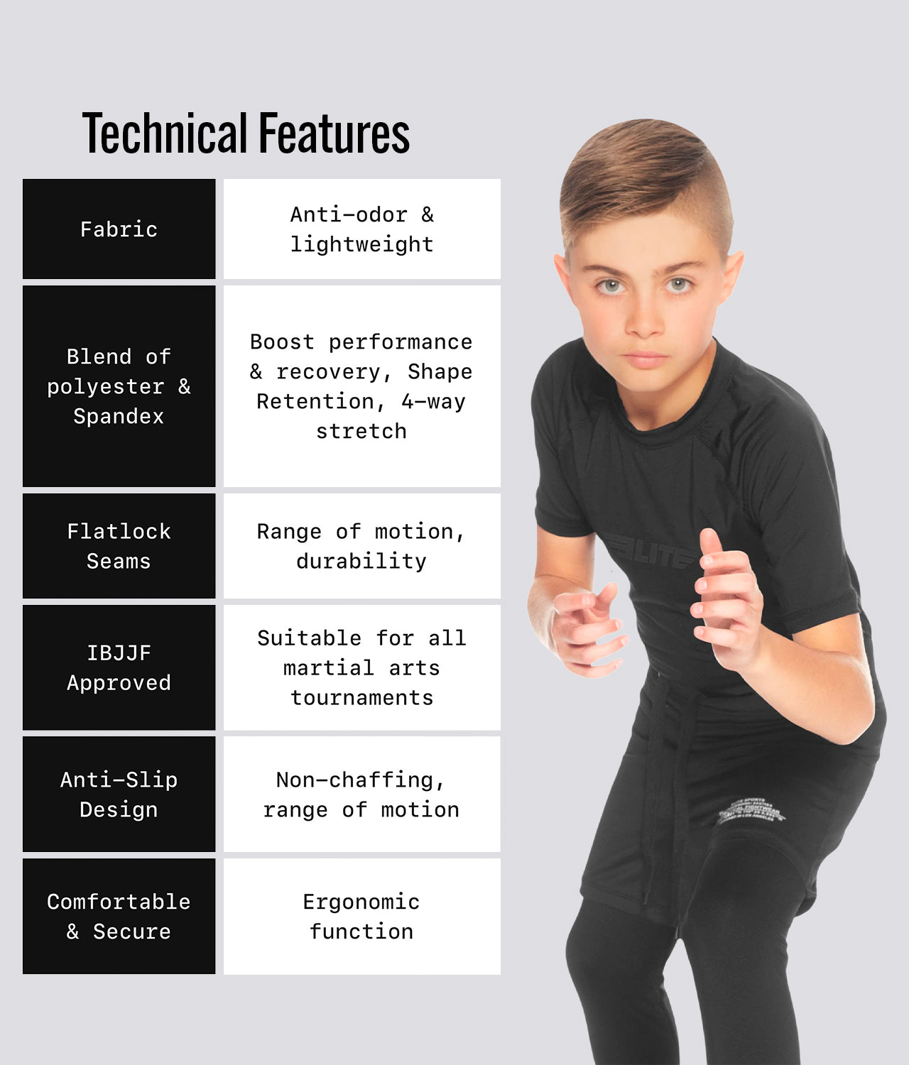 Elite Sports Kids' Standard Black Short Sleeve BJJ Rash Guard Technical Features