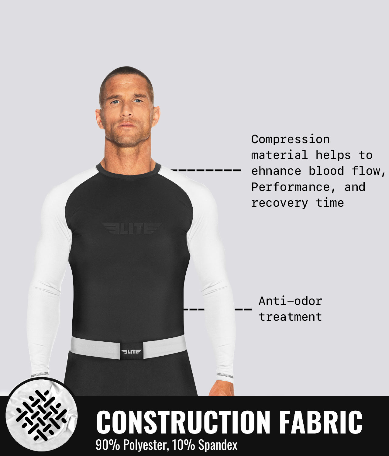Elite Sports Men's Standard White Long Sleeve MMA Rash Guard Construction Fabric