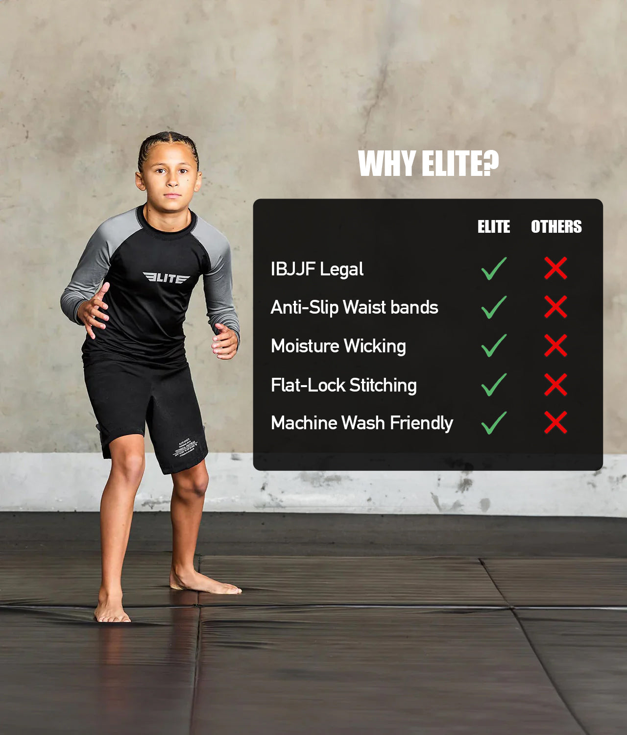 elitesports standard gray long sleeve girls jiu jitsu rash guard technical features