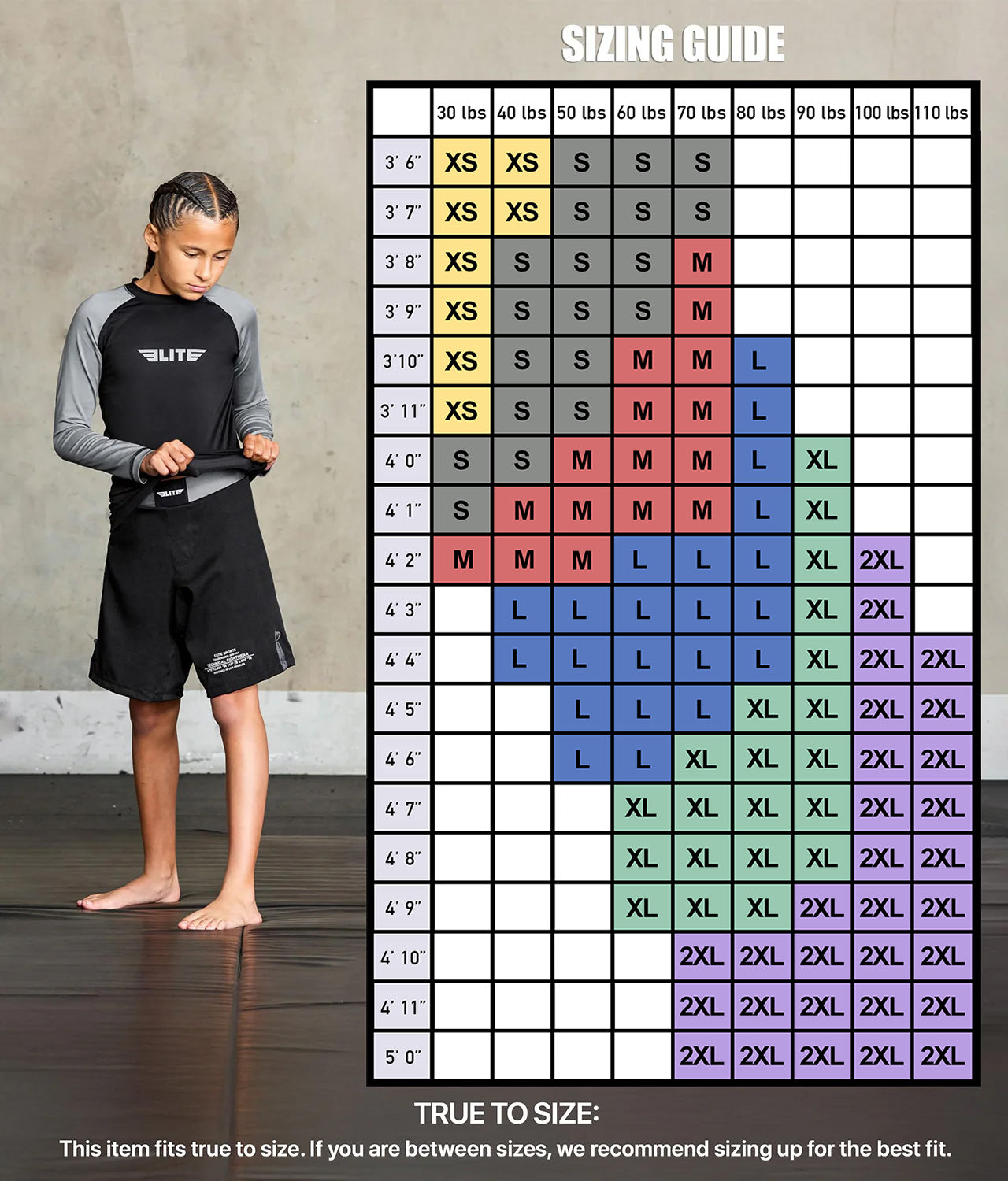 elitesports standard gray long sleeve kids jiu jitsu rash guard size chart