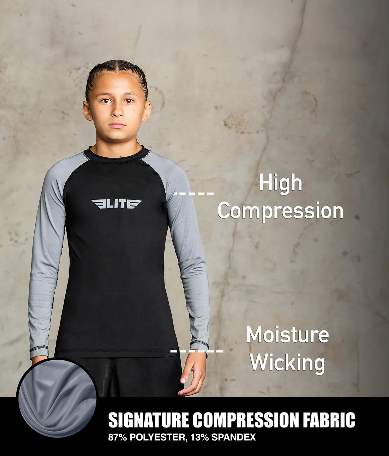 elitesports standard grey long sleeve youth jiu jitsu rashguard compression fabric