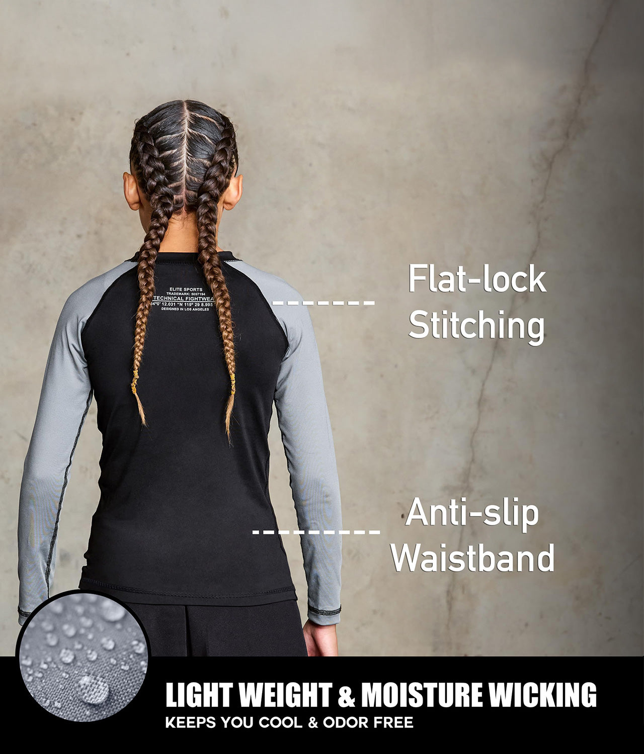 elitesports standard grey long sleeve lightweight boys jiu jitsu rashguard