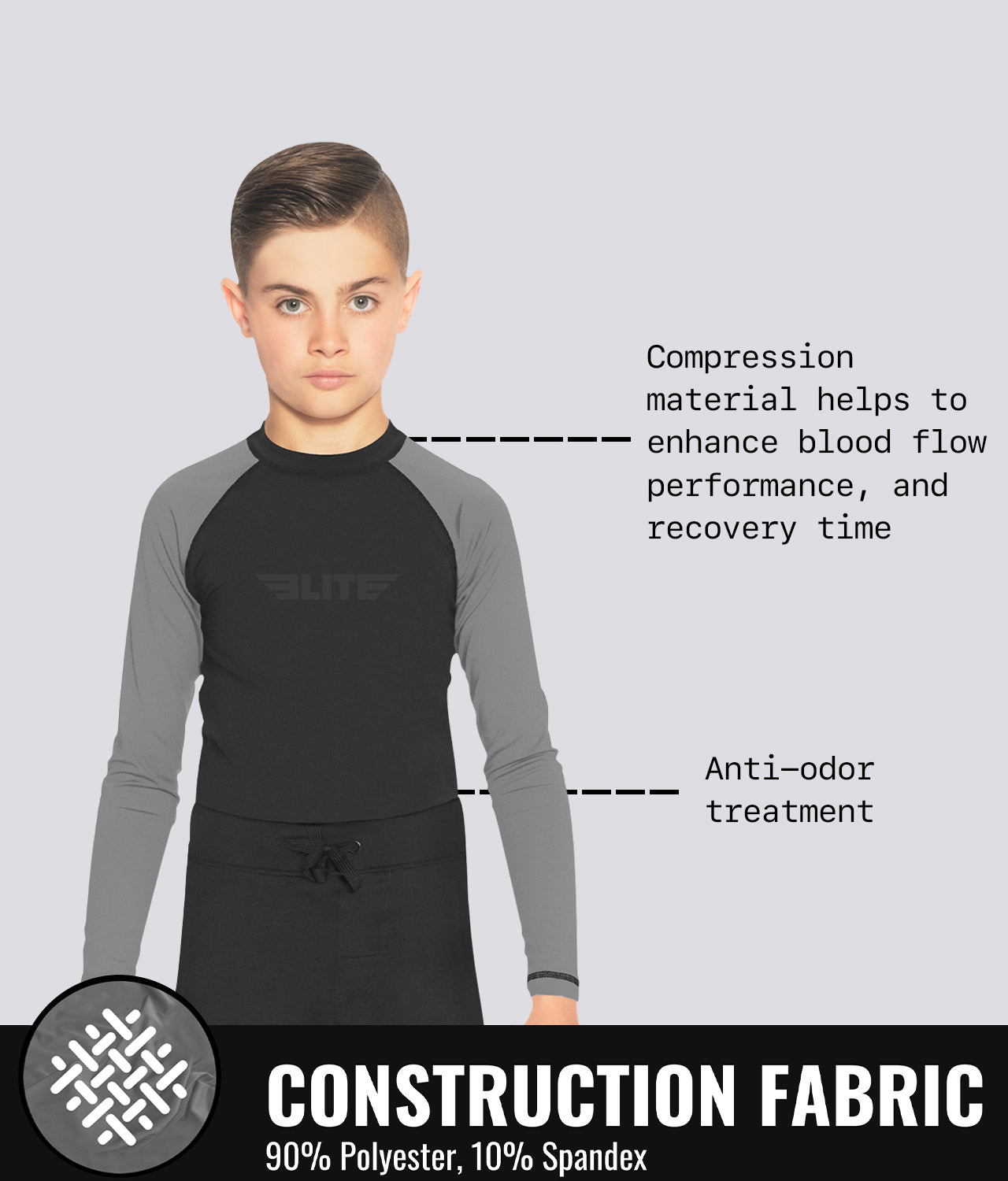 Elite Sports Kids' Standard Gray Long Sleeve BJJ Rash Guard Construction Fabric