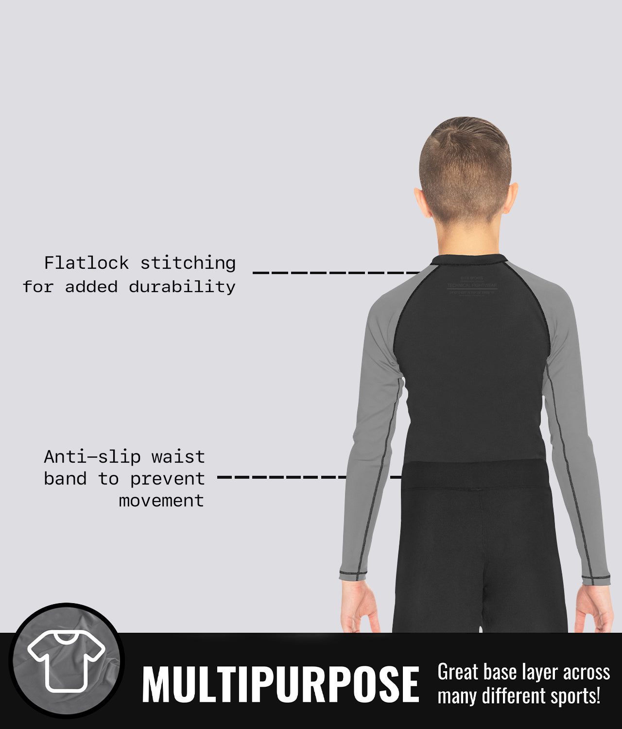 Elite Sports Kids' Standard Gray Long Sleeve BJJ Rash Guard Multipurpose