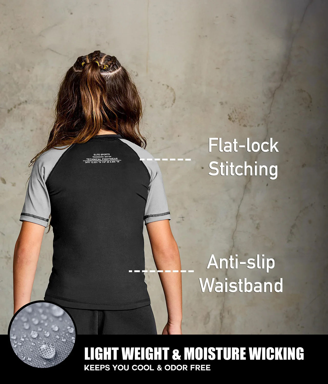 elitesports standard gray short sleeve lightweight kids bjj rash guard