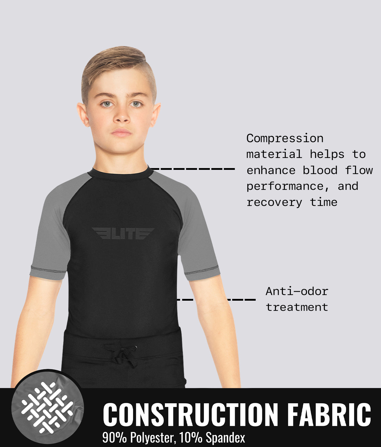 Elite Sports Kids' Standard Gray Short Sleeve BJJ Rash Guard Construction Fabric