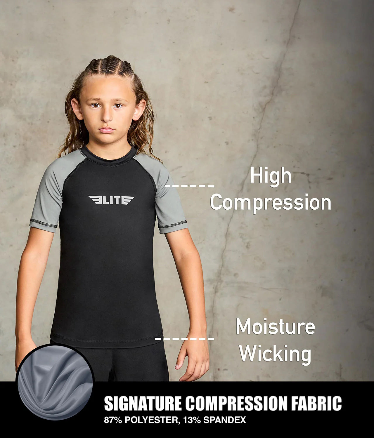 elitesports standard gray short sleeve youth bjj rash guard compression fabric
