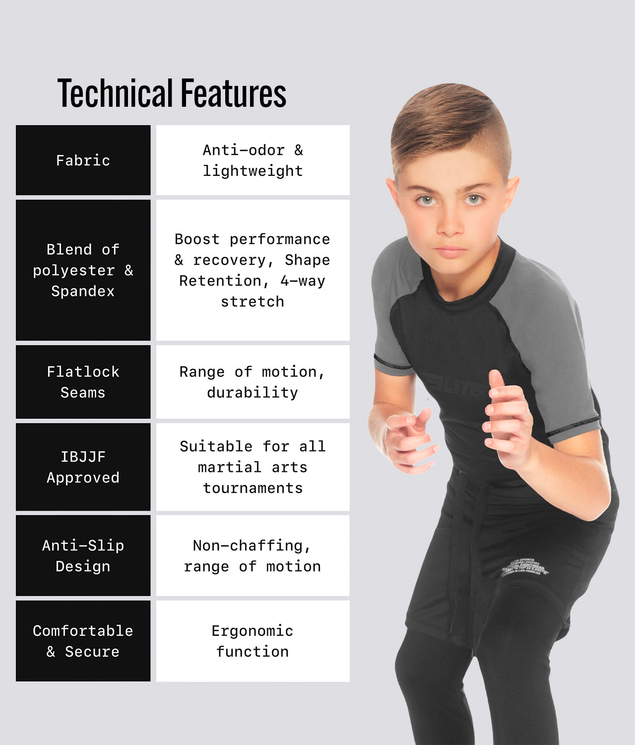 Elite Sports Kids' Standard Gray Short Sleeve BJJ Rash Guard Technical Features