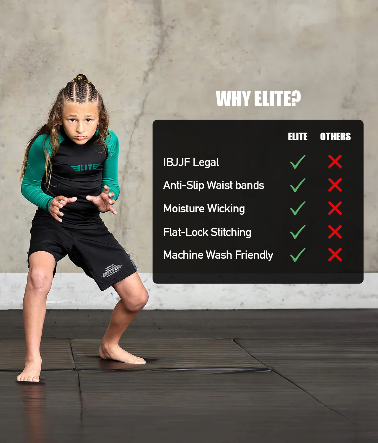 elitesports standard green long sleeve girls jiu jitsu rash guard technical features