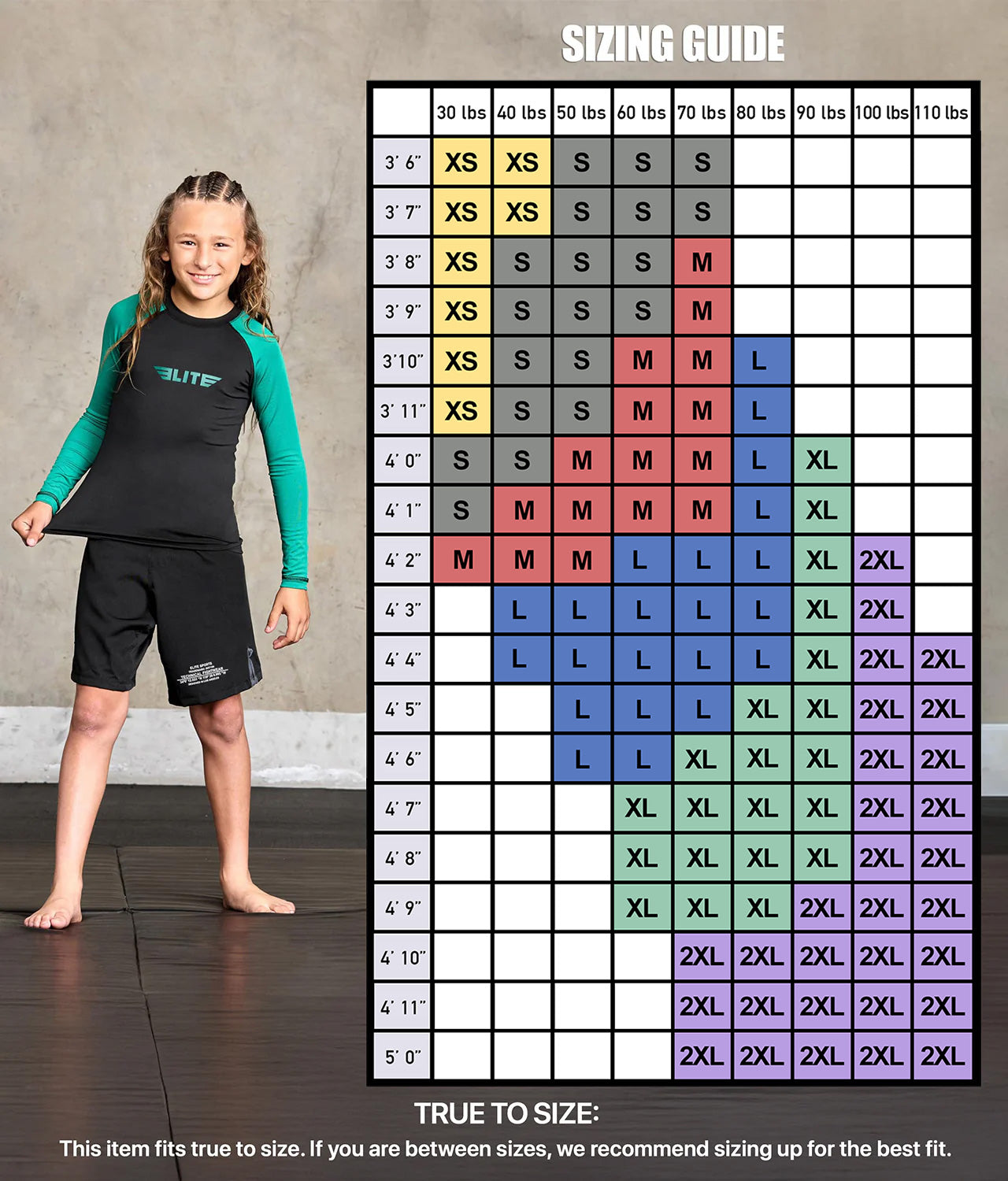 elitesports standard green long sleeve kids jiu jitsu rash guard size chart