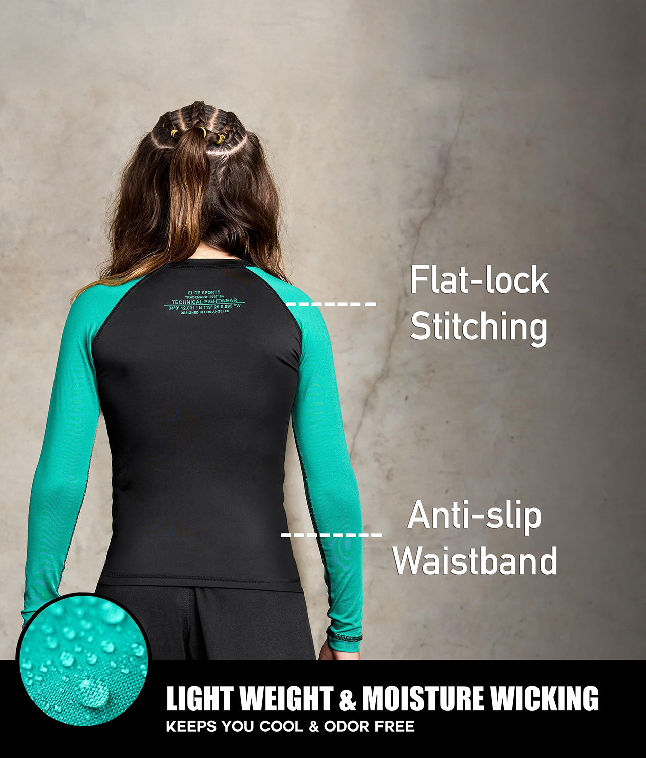 elitesports standard green long sleeve lightweight boys jiu jitsu rashguard