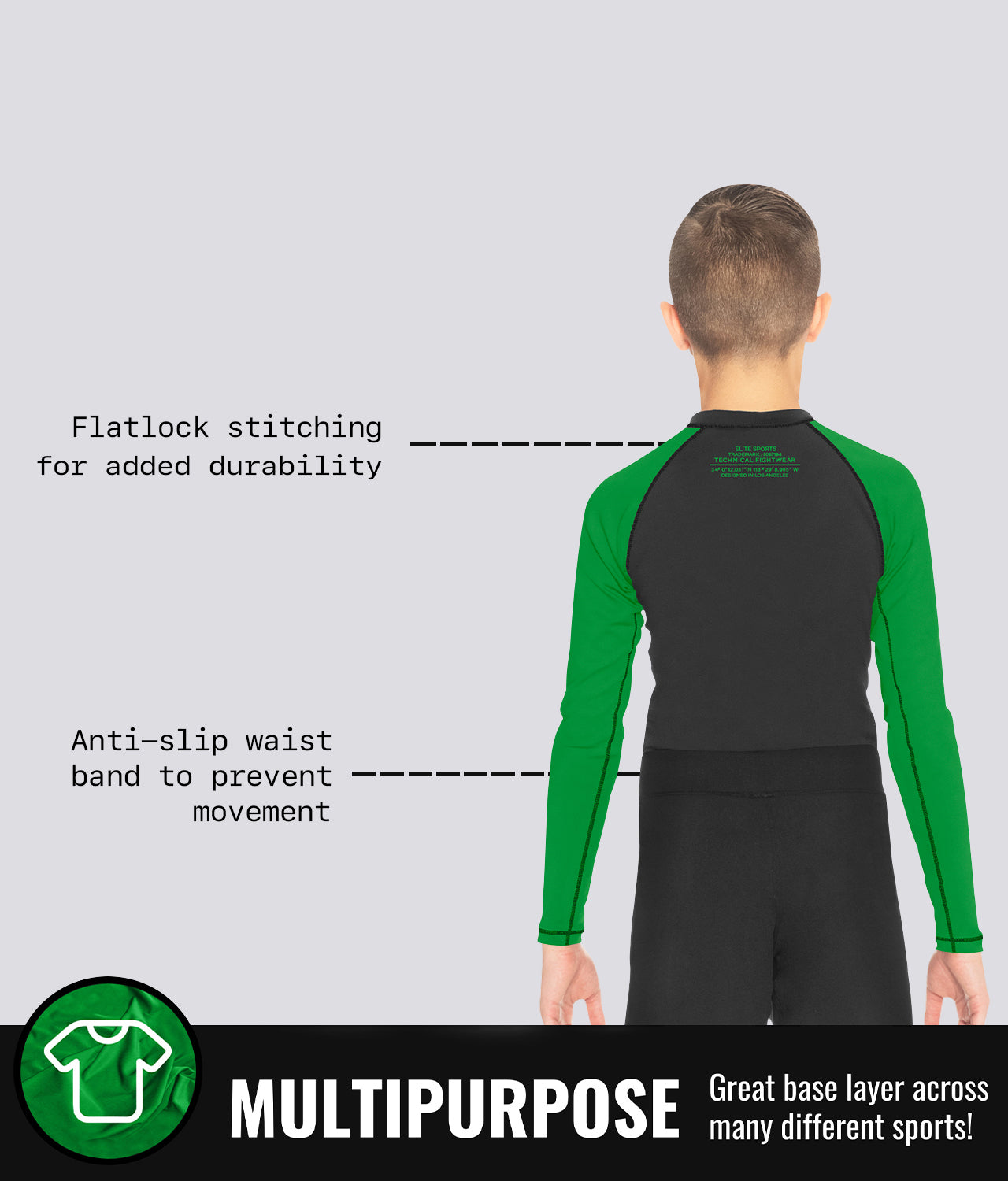 Elite Sports Kids' Standard Green Long Sleeve BJJ Rash Guard  Multipurpose