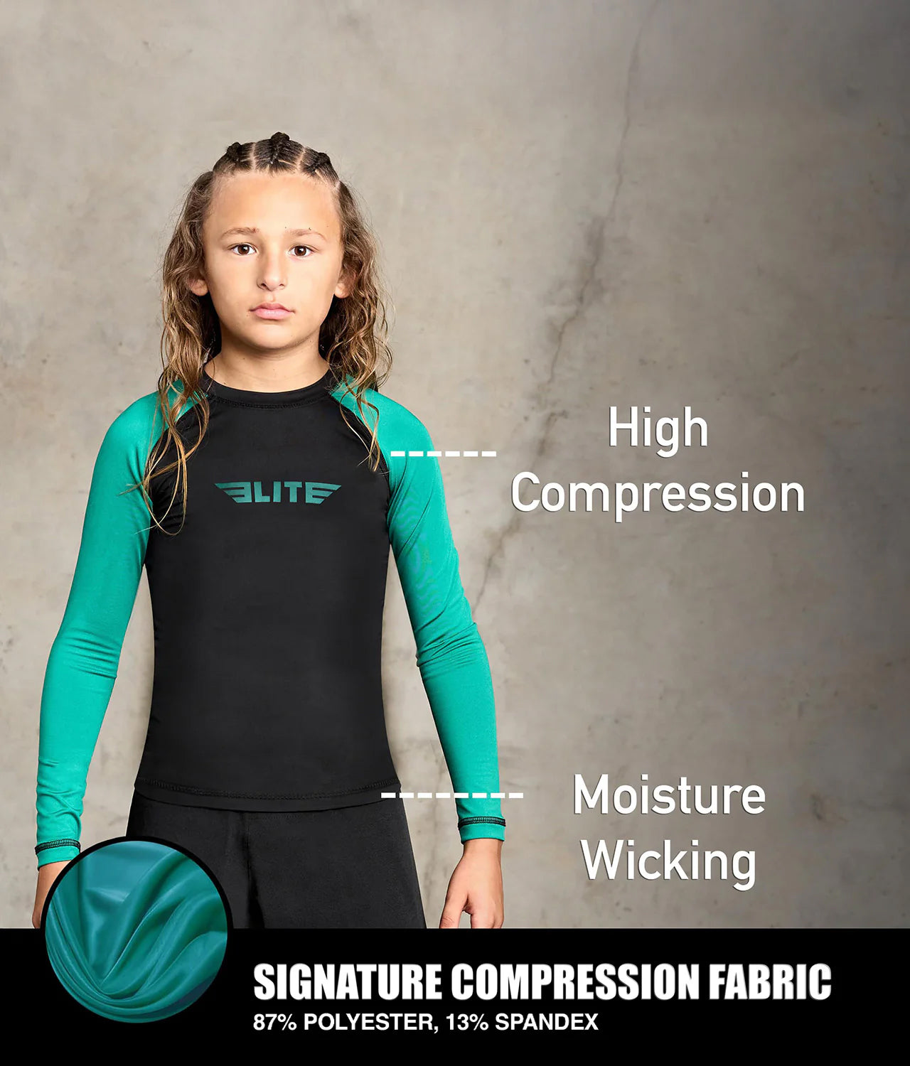 elitesports standard green long sleeve youth jiu jitsu rashguard compression fabric