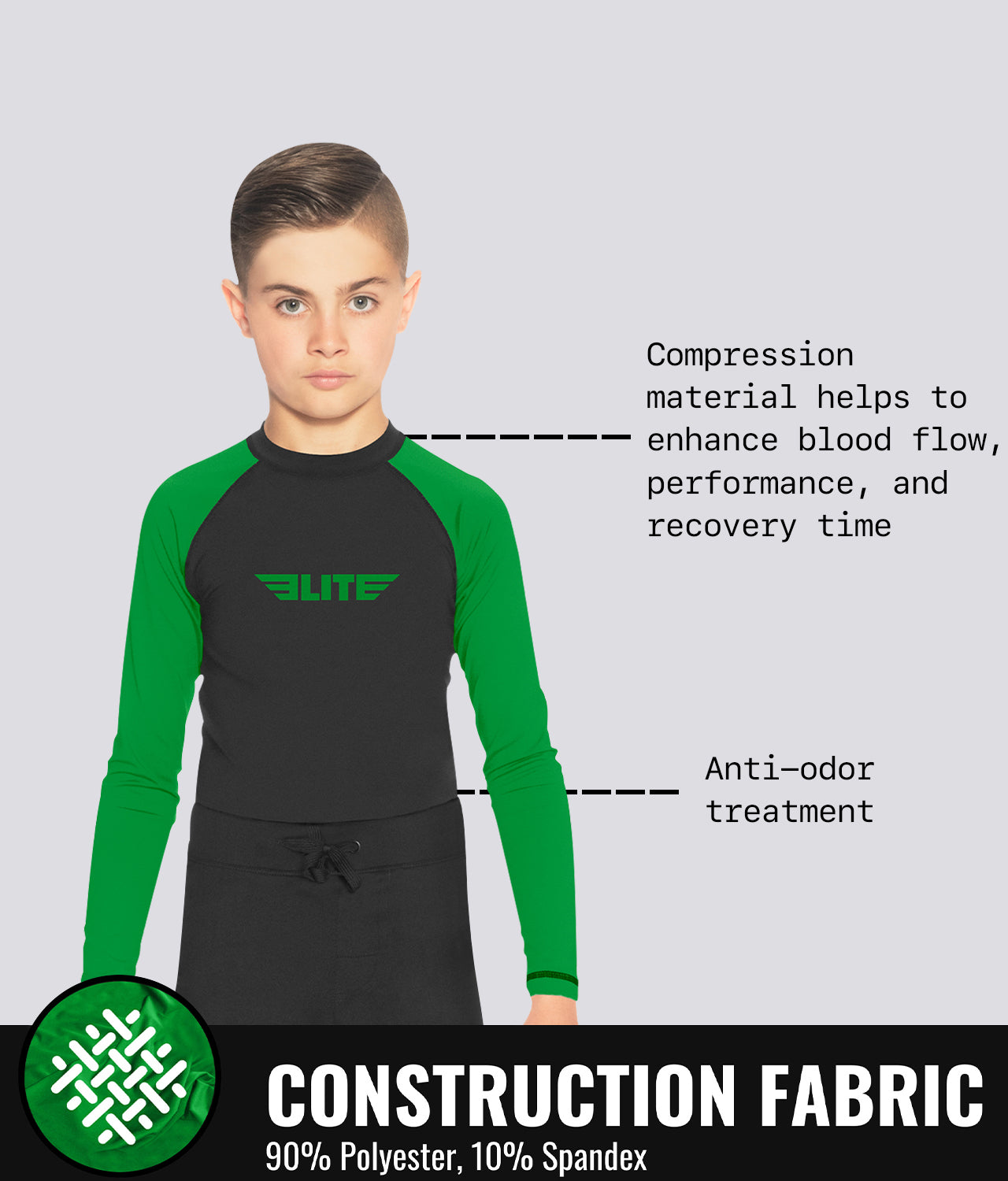 Elite Sports Kids' Standard Green Long Sleeve BJJ Rash Guard Construction Fabric