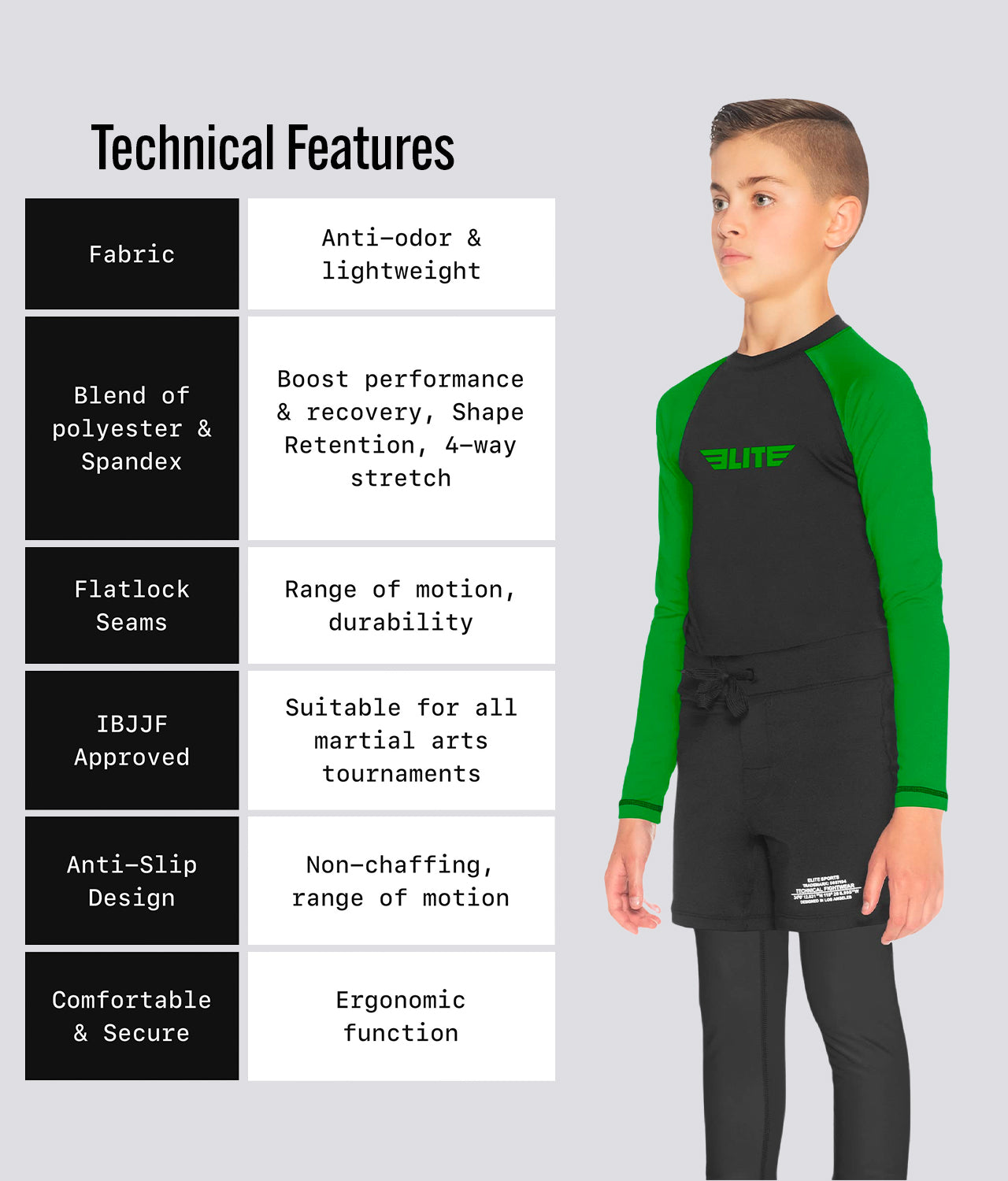 Elite Sports Kids' Standard Green Long Sleeve BJJ Rash Guard Technical Features