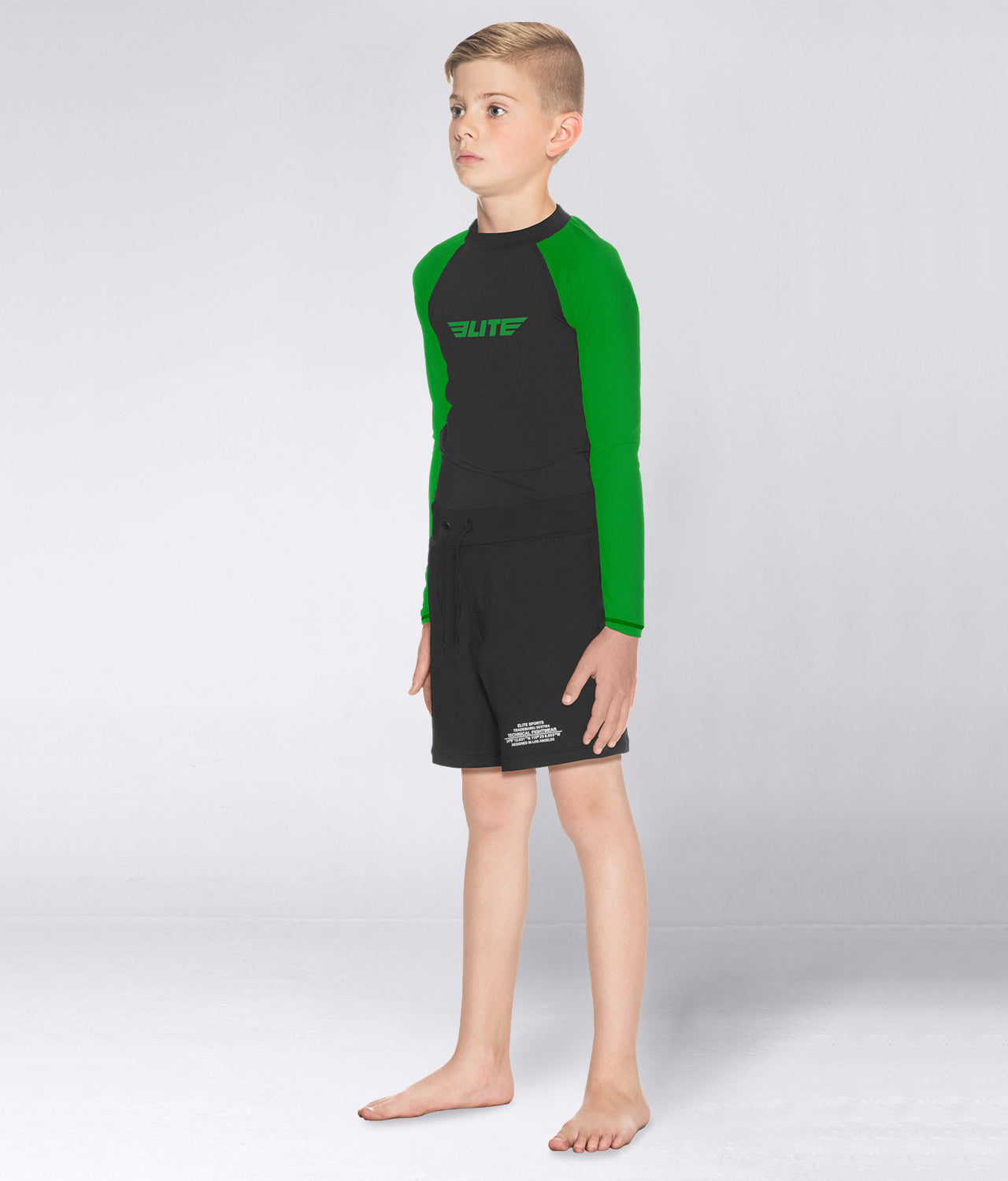Elite Sports Kids' Standard Green Long Sleeve MMA Rash Guard Side View