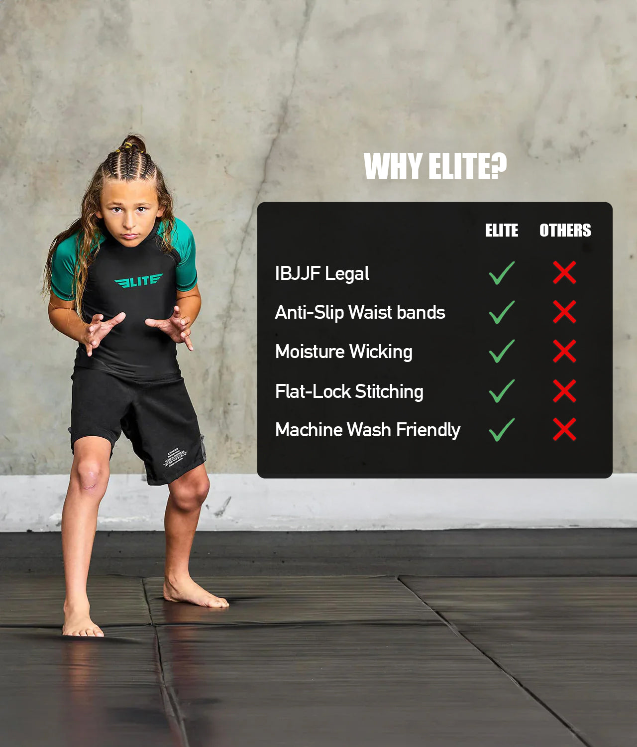 elitesports standard green short sleeve girls bjj rashguard technical features