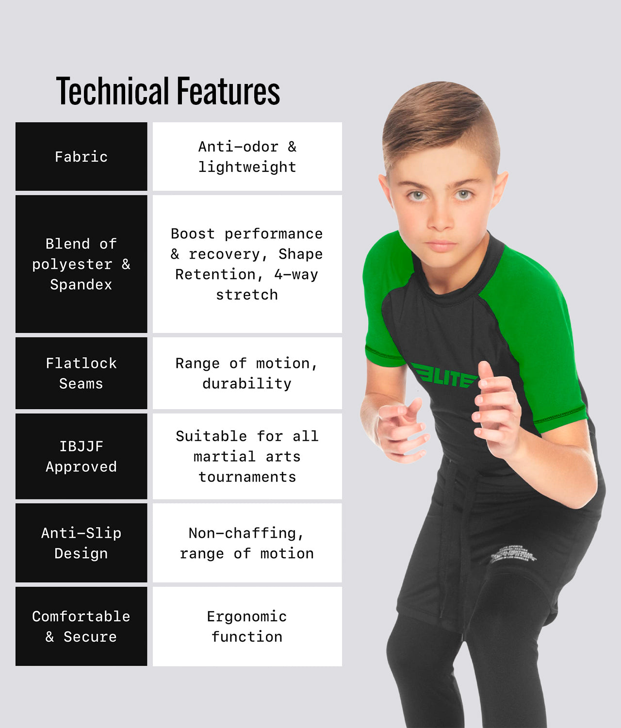 Elite Sports Kids' Standard Green Short Sleeve BJJ Rash Guard Technical Features