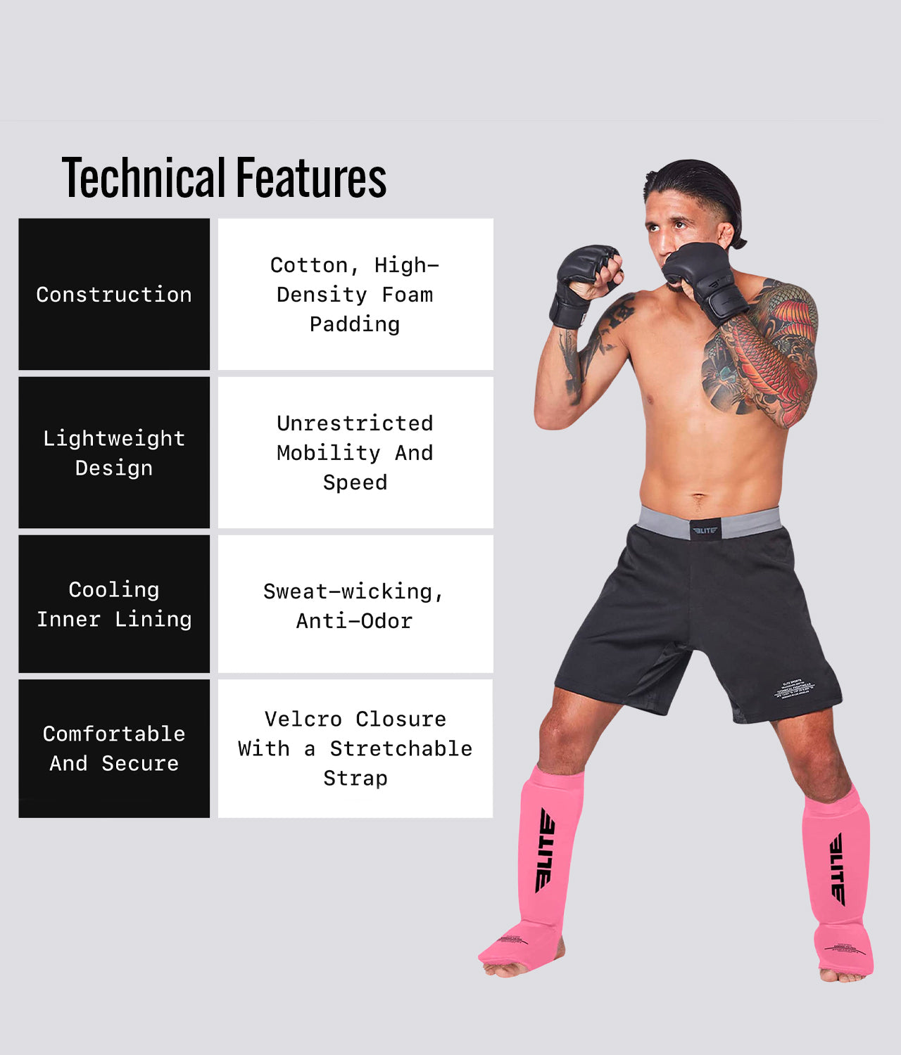 Elite Sports Adults' Standard Pink MMA Shin Guards Technical Features