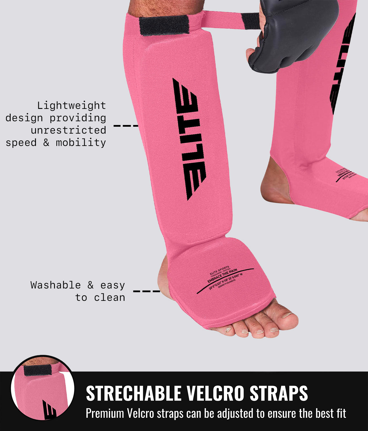Elite Sports Adults' Standard Pink Muay Thai Shin Guards Strechable Velcro Straps