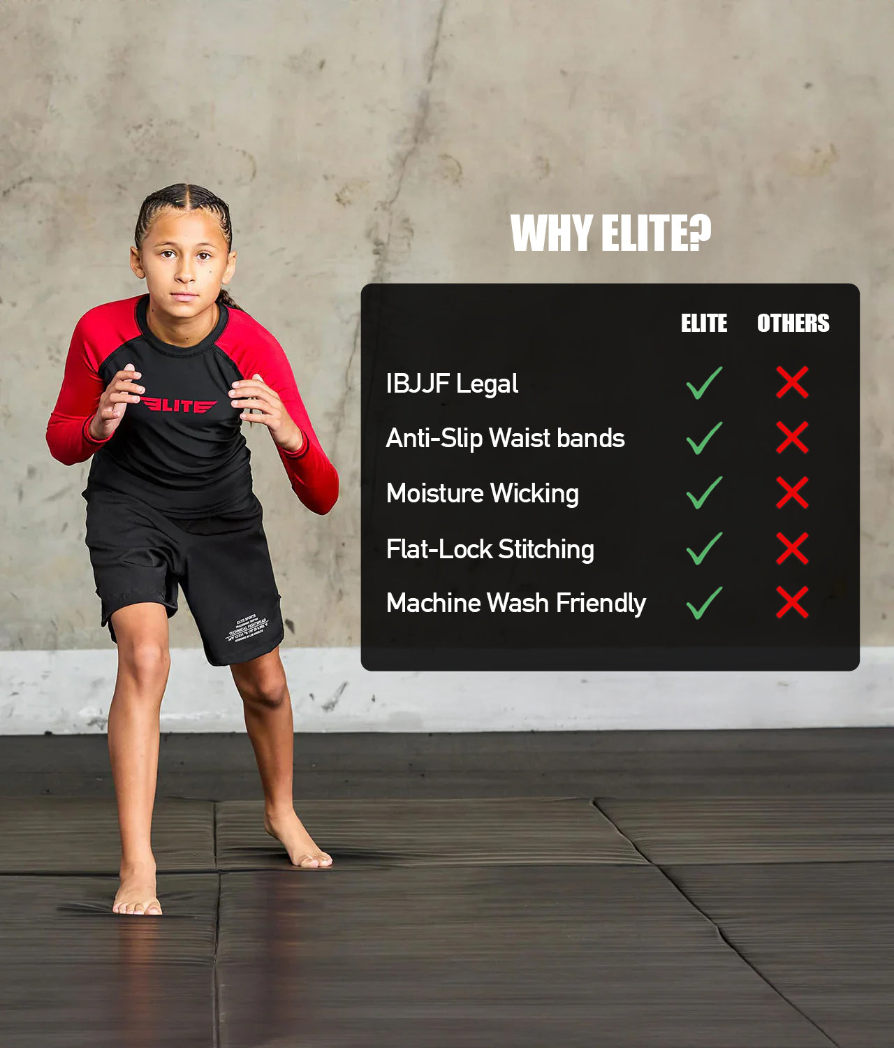 elitesports standard red long sleeve girls jiu jitsu rash guard technical features