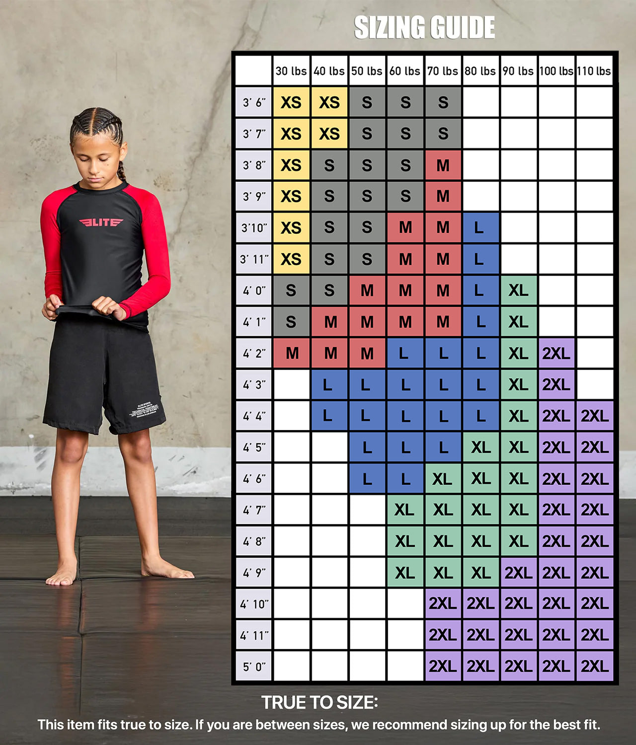 elitesports standard red long sleeve kids jiu jitsu rash guard size chart