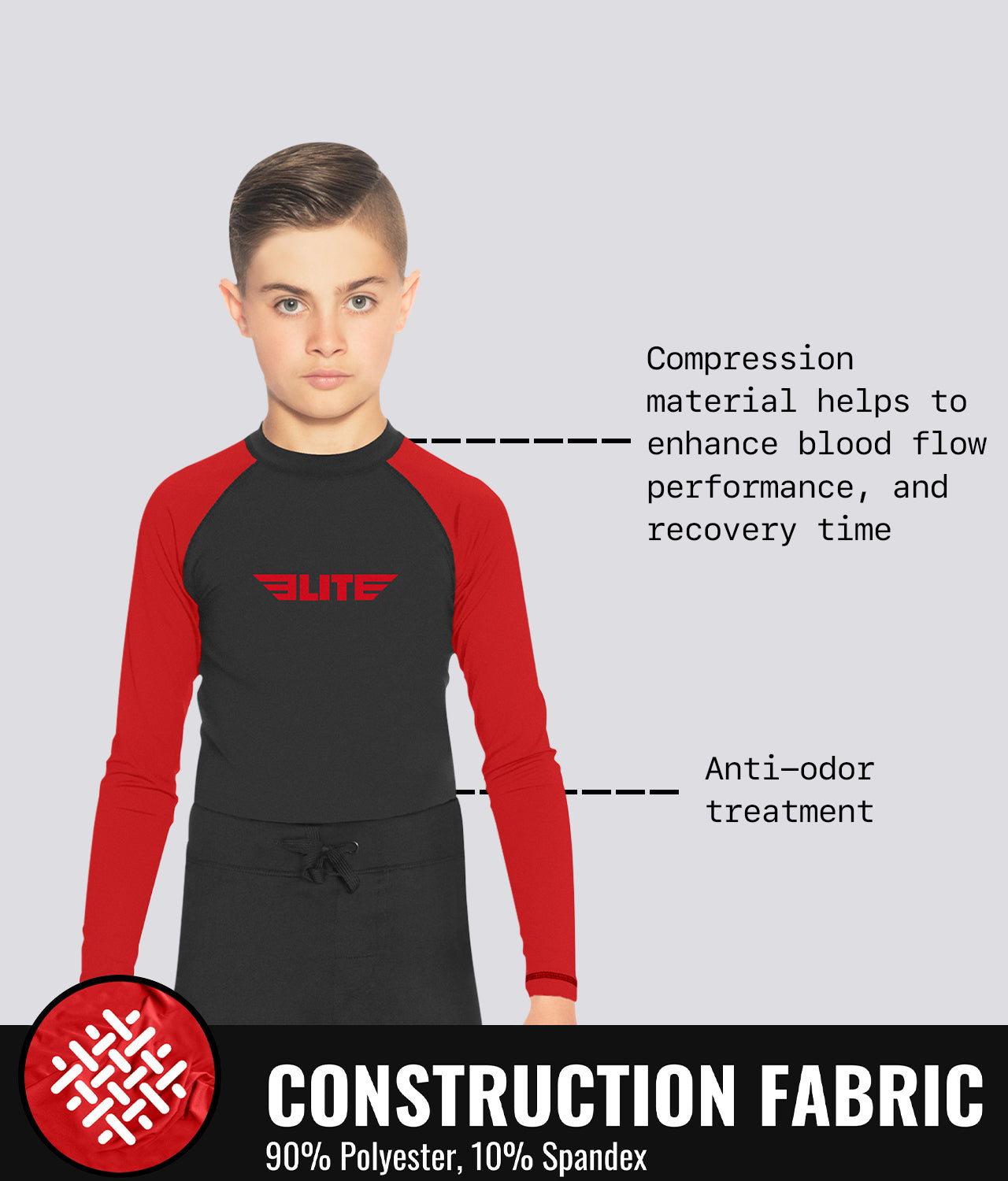 Elite Sports Kids' Standard Red Long Sleeve BJJ Rash Guard Construction Fabric