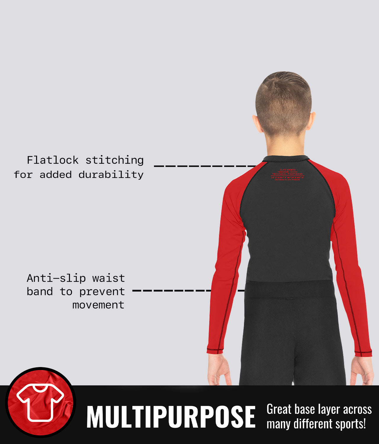 Elite Sports Kids' Standard Red Long Sleeve BJJ Rash Guard Multipurpose