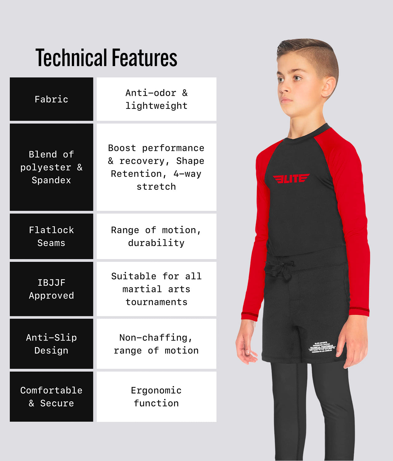 Elite Sports Kids' Standard Red Long Sleeve BJJ Rash Guard Technical Features