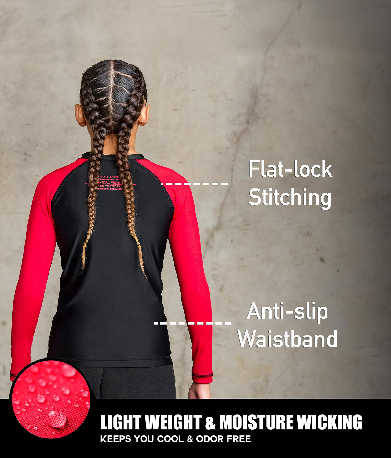 elitesports standard red long sleeve lightweight boys jiu jitsu rashguard