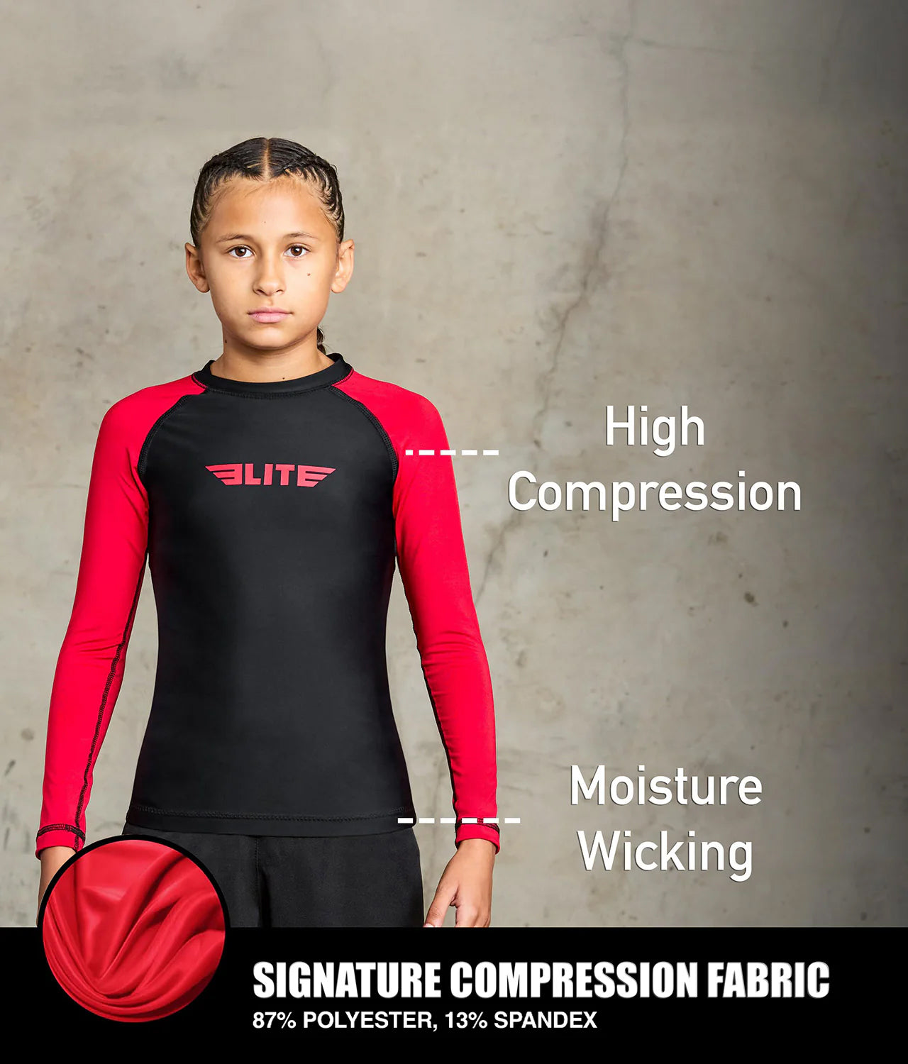 elitesports standard red long sleeve youth jiu jitsu rashguard compression fabric
