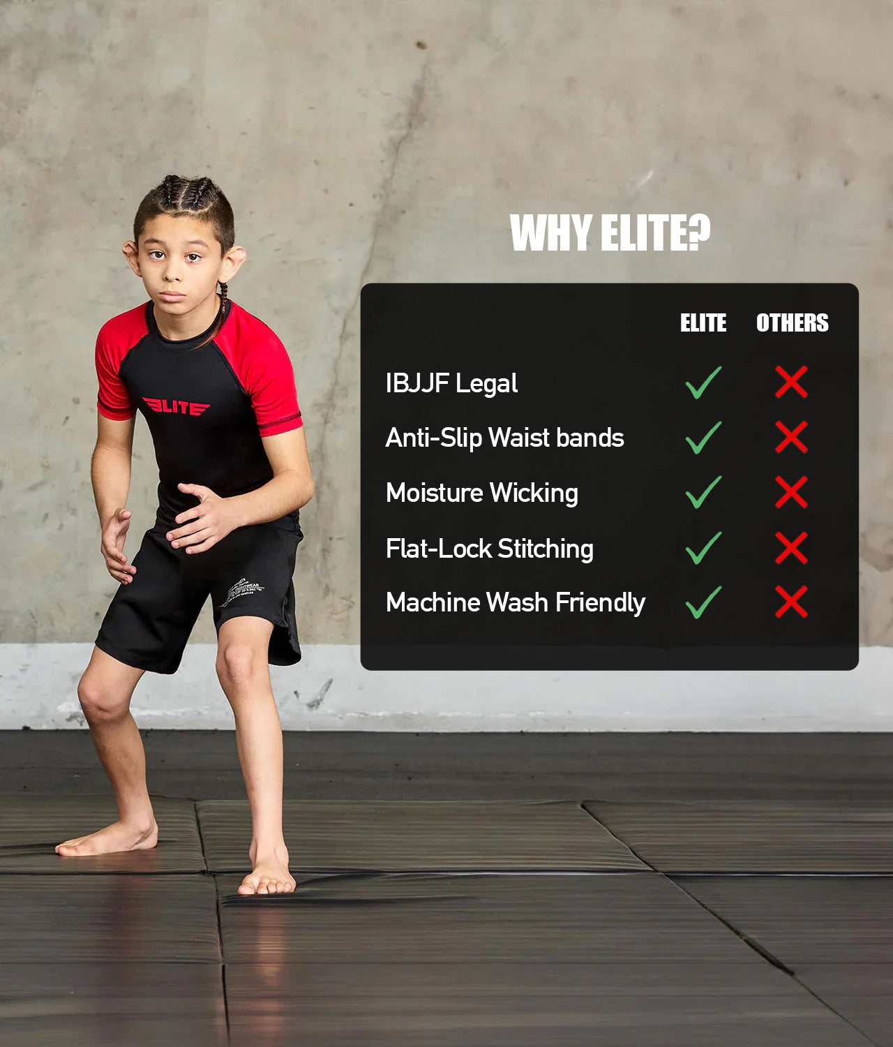 elitesports standard red short sleeve girls bjj rashguard technical features