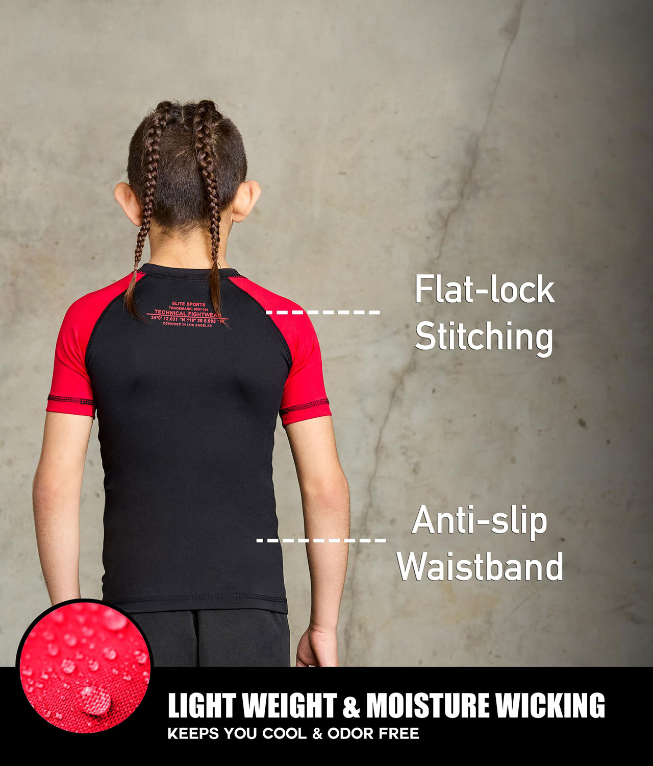 elitesports standard red short sleeve lightweight kids bjj rash guard