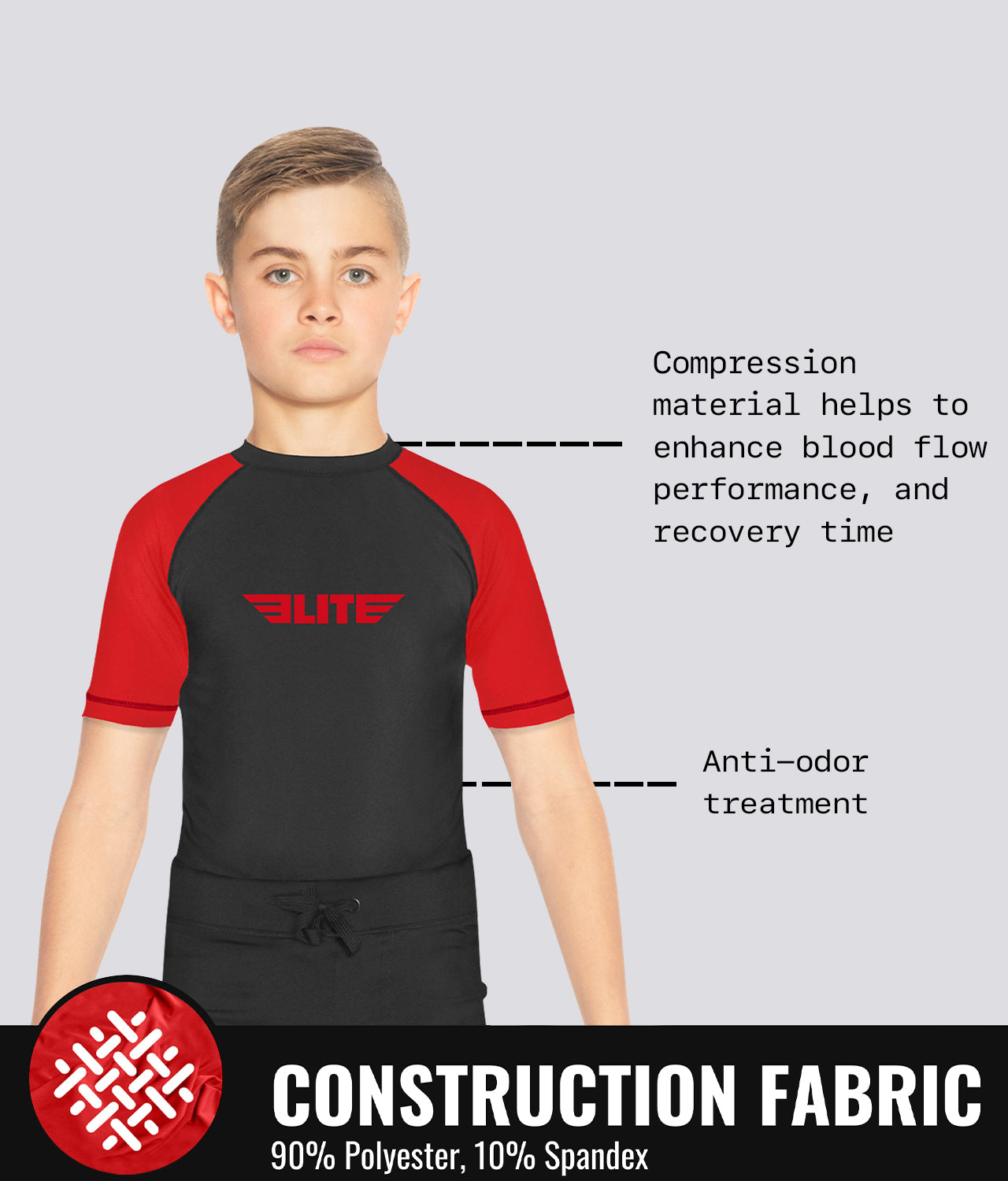 Elite Sports Kids' Standard Red Short Sleeve BJJ Rash Guard Construction Fabric