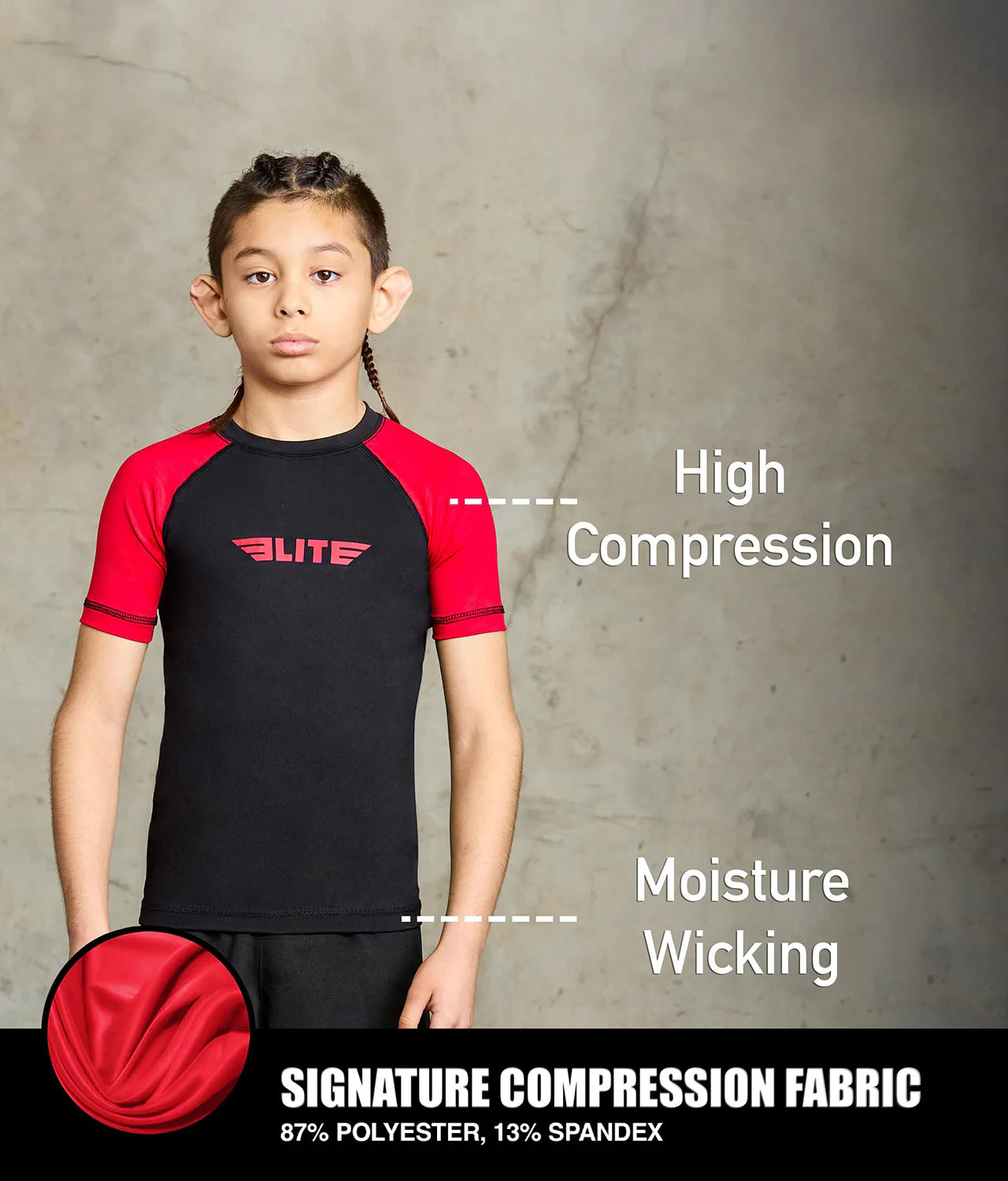 elitesports standard red short sleeve youth bjj rash guard compression fabric