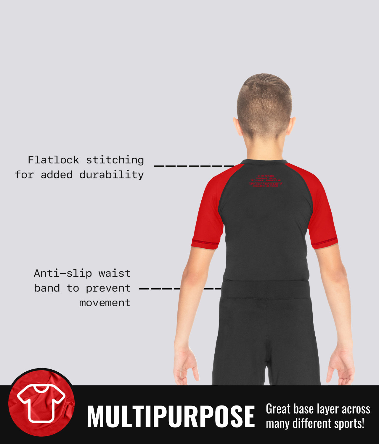 Elite Sports Kids' Standard Red Short Sleeve BJJ Rash Guard Multipurpose