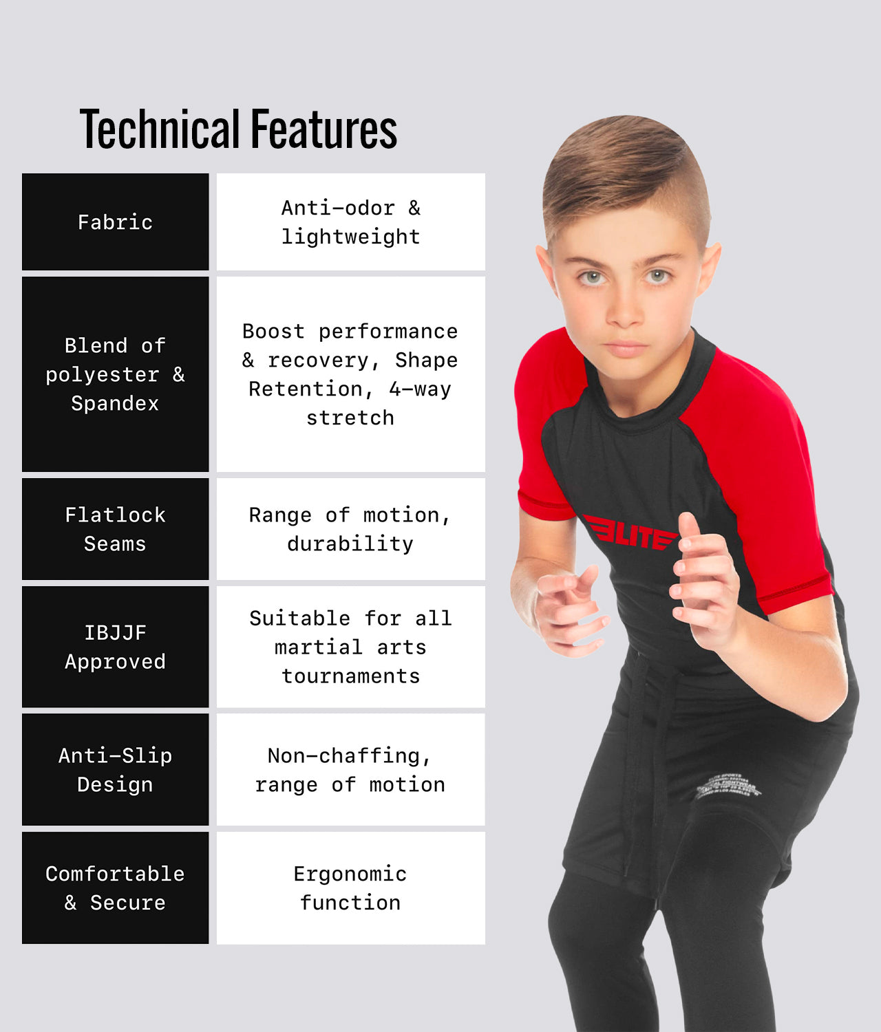 Elite Sports Kids' Standard Red Short Sleeve BJJ Rash Guard Technical Features