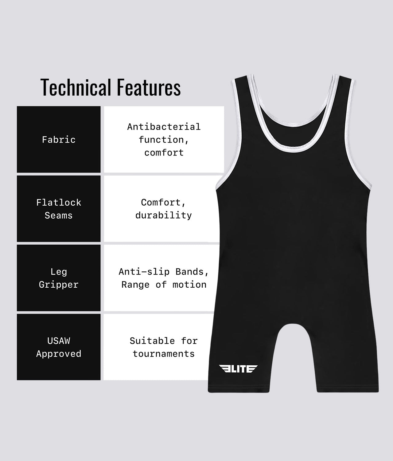 Elite Sports Adults' Standard Series Black Wrestling Singlets Technical Features