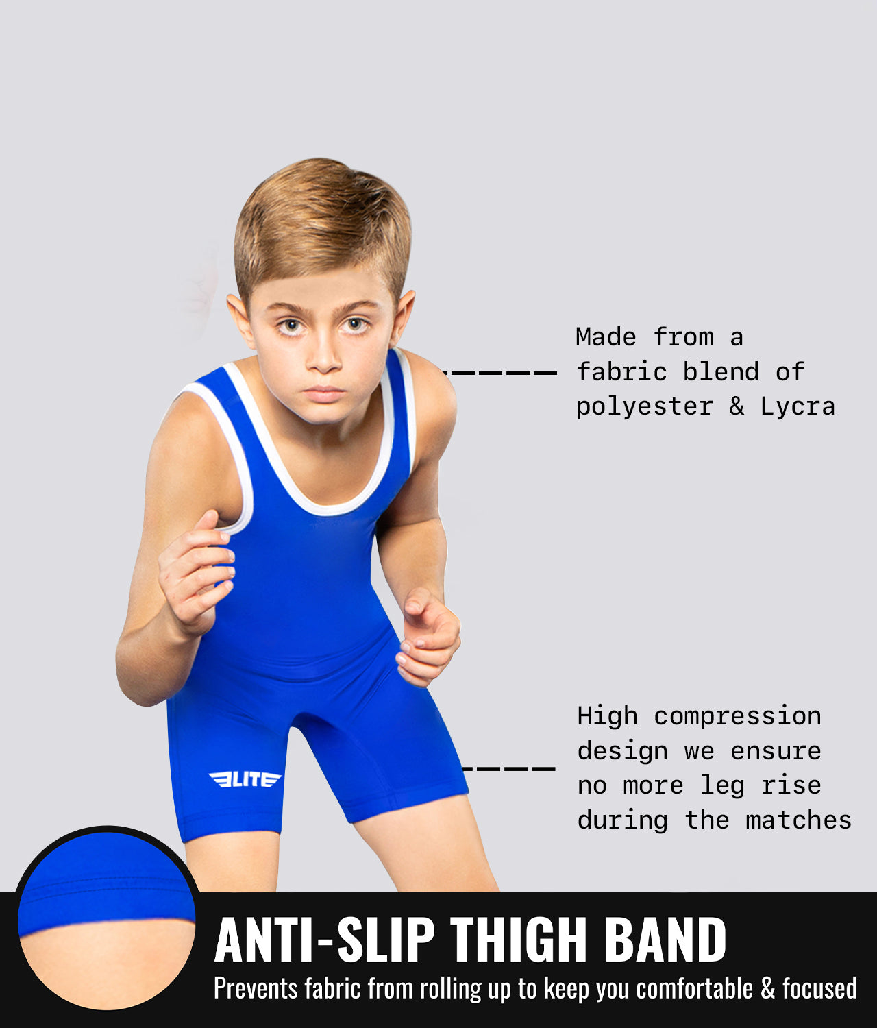 Elite Sports Kids' Standard Series Blue Wrestling Singlets Anti-Slip Thigh Band