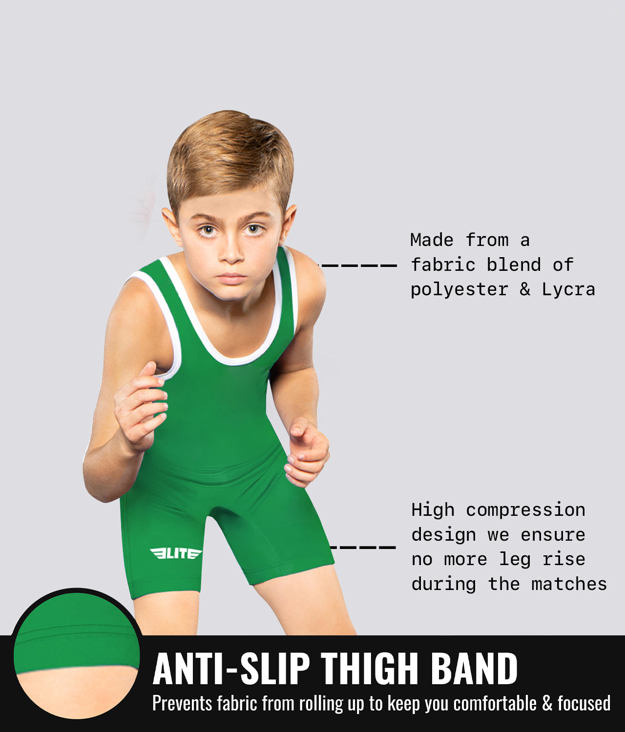 Elite Sports Kids' Standard Series Green Wrestling Singlets Anti-Slip Thigh Band