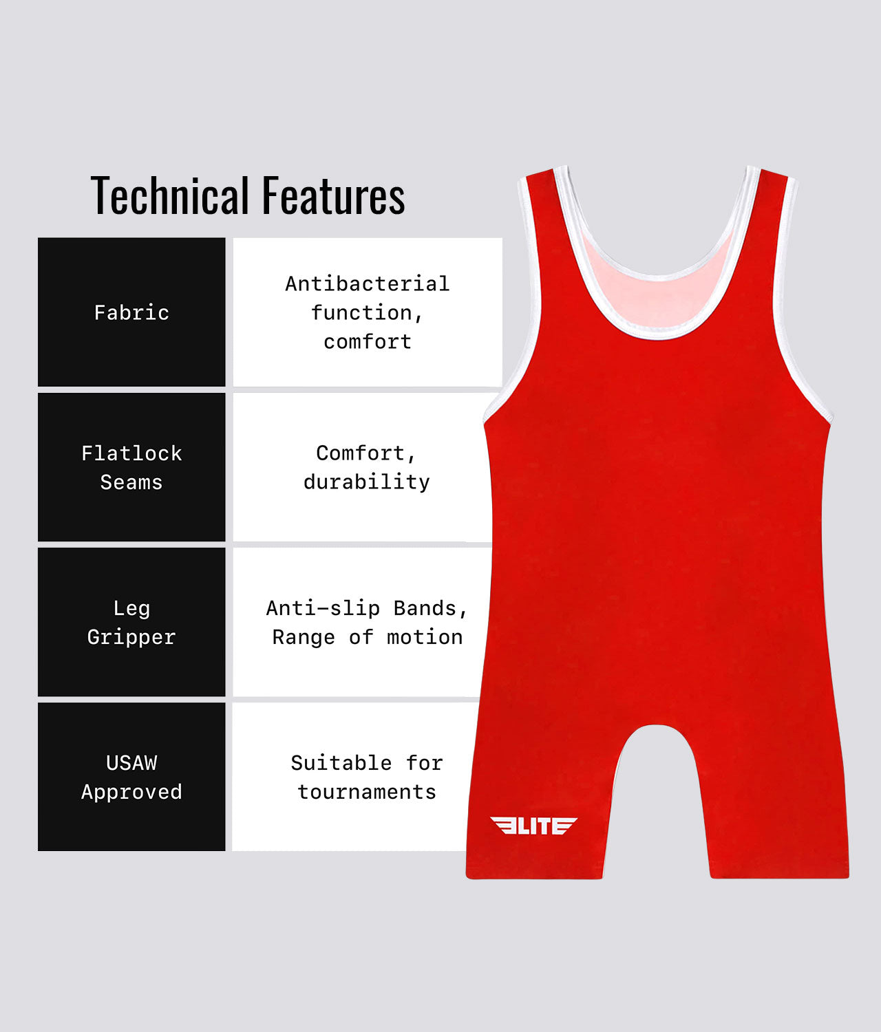 Elite Sports Kids' Standard Series Red Wrestling Singlets  Technical Features