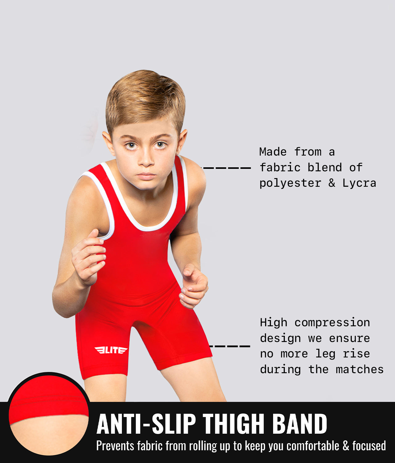 Elite Sports Kids' Standard Series Red Wrestling Singlets Anti-Slip Thigh Band
