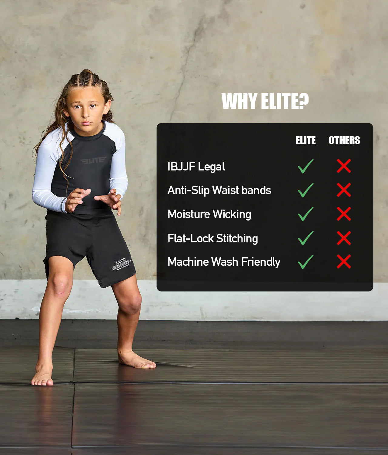 elitesports standard white short sleeve girls bjj rashguard technical features