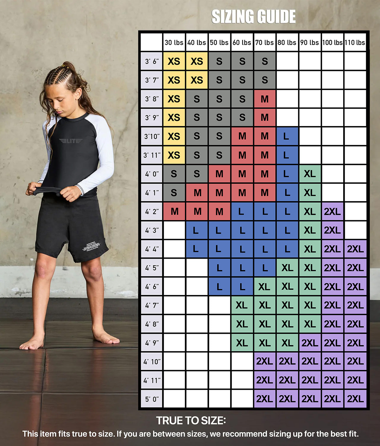 elitesports standard white long sleeve kids jiu jitsu rash guard size chart