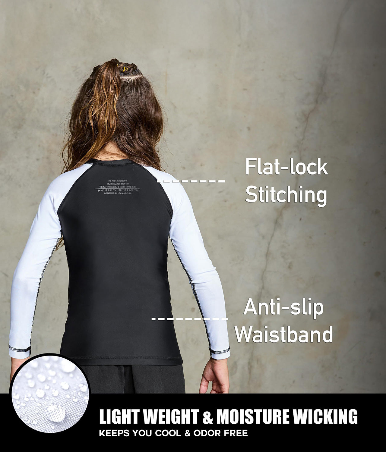 elitesports standard white long sleeve lightweight boys jiu jitsu rashguard