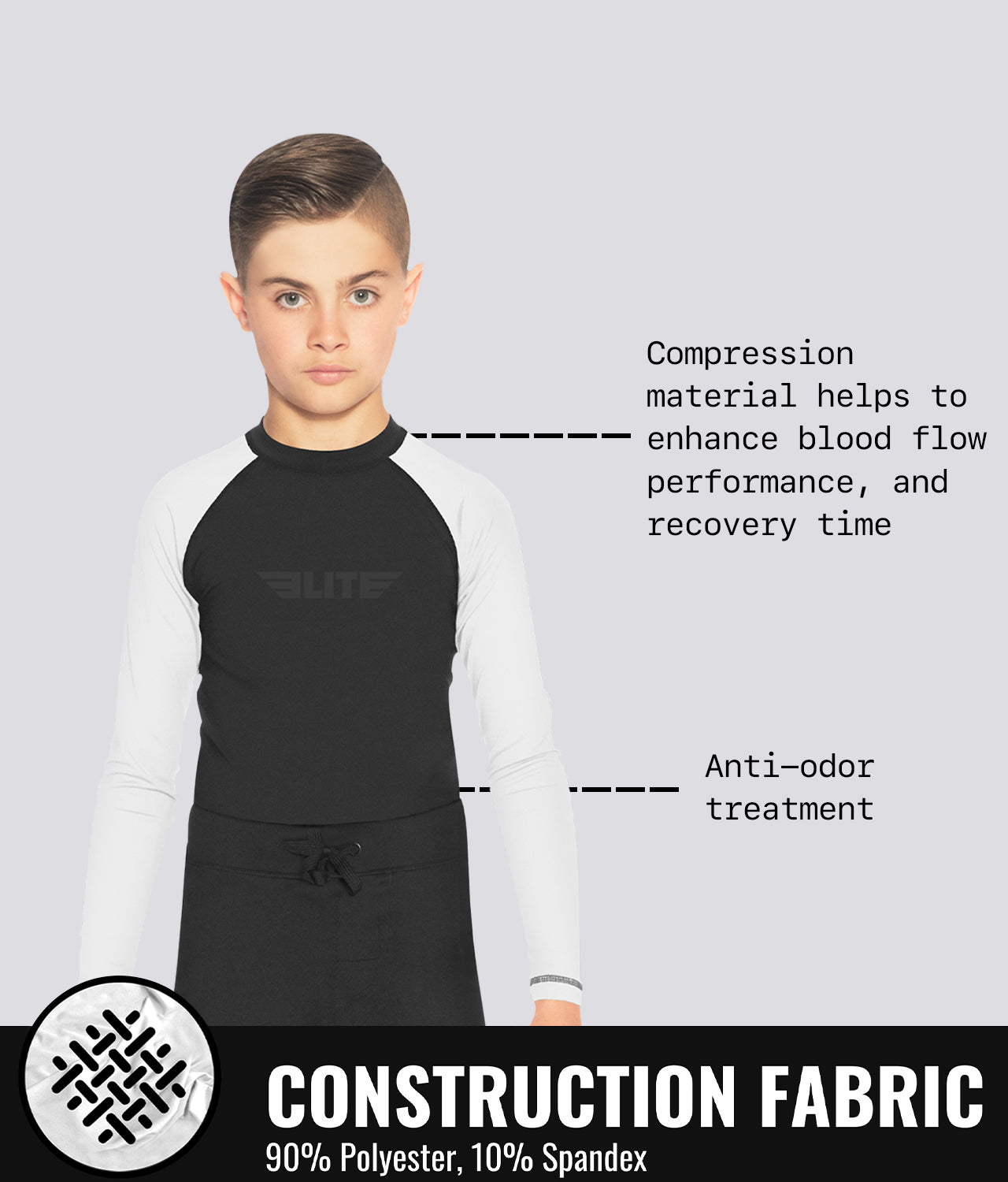 Elite Sports Kids' Standard White Long Sleeve BJJ Rash Guard Construction Fabric